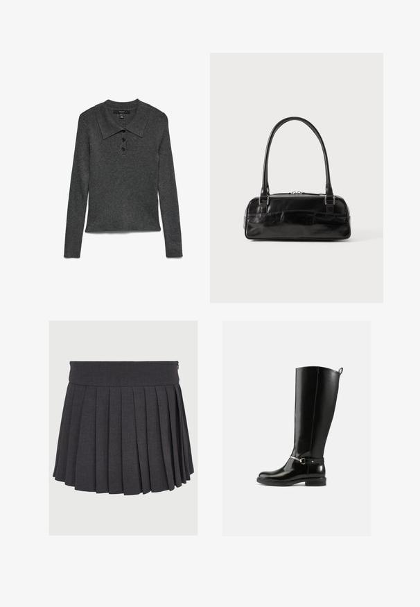Polo de manga larga con cuello y canalé de color gris oscuro, con tres botones negros en el escote y un dobladillo ligeramente cropped.; Falda gris con pliegues, con una cinturilla plana y cierre de cremallera, hecha de una tela texturizada, que presenta pliegues profundos de espaciado uniforme.; Botas negras hasta la rodilla hechas de cuero brillante, con un detalle de hebilla plateada en el tobillo y un diseño de punta redondeada. Suela plana.; Bolso de mano de cuero negro con forma rectangular, equipado con un asa estructurada, herrajes en plata y cierre de cremallera. Textura suave.