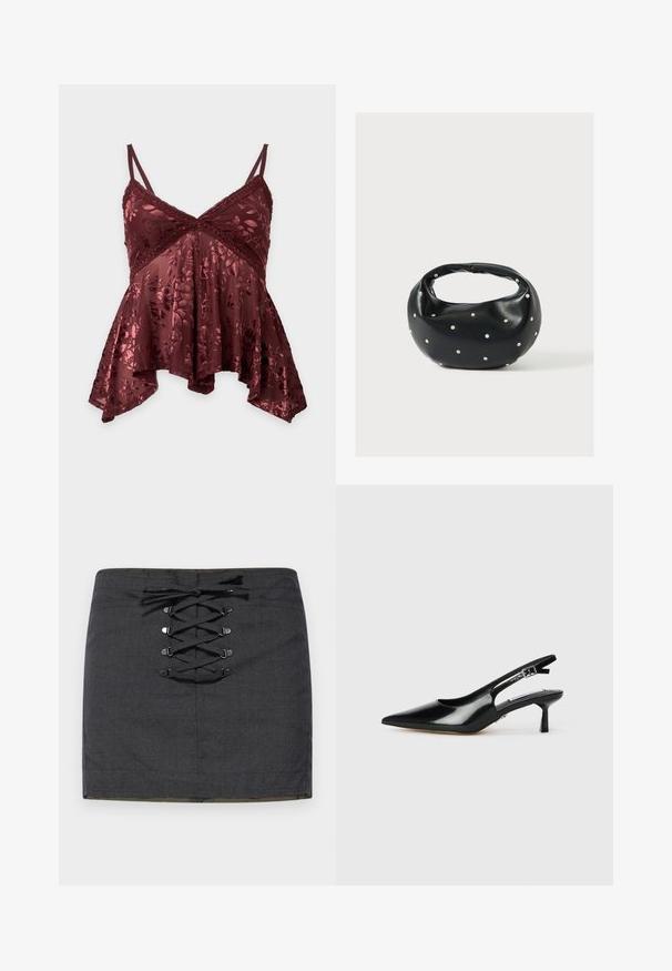 Caraco en dentelle florale bordeaux avec bretelles spaghetti et ourlet asymétrique, en tissu transparent et velouté.; Mini-jupe gris foncé avec un détail de laçage à l'avant et des accessoires métalliques. Texture lisse, silhouette ajustée et taille mi-haute.; Escarpins à talons slingback en cuir verni noir avec un bout pointu, un talon fin et une sangle réglable. Texture lisse avec un détail minimal.; Sac à main en cuir noir de forme arrondie, décoré de clous argentés et équipé d'une poignée courte. Texture lisse et fermeture éclair.