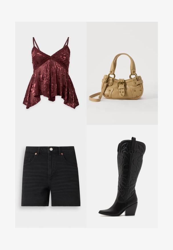 Bourgogne blomsterblonde camisole med spaghetti stropper og asymmetrisk kant, med transparent og fløjlsagtig tekstur.; Sorte denimshorts med knaplukning foran, bæltestropper, to forlommer og en lille møntlomme, vist fladt på hvid baggrund.; Sorte knæhøje støvler i læder med spids snude og lagdelt hæl. Har dekorative syninger og buede designelementer.; Beige læderhåndtaske med dobbelte håndtag, messing spænde og nitte detaljer samt en justerbar skulderrem mod en hvid baggrund.
