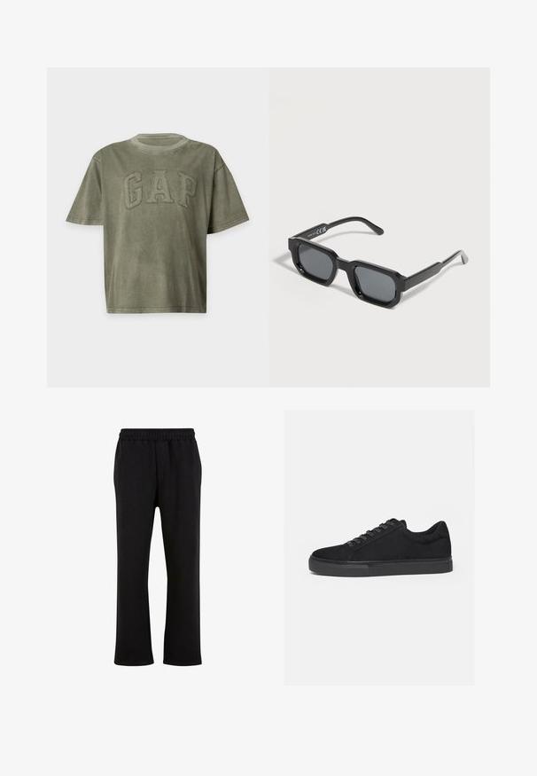Grünes T-Shirt mit kurzen Ärmeln, rundem Ausschnitt und erhabenen, gestickten Buchstaben, die GAP auf der Brust bilden.; Urban Classics Jogginghose - black; Schwarzer Low-Top-Sneaker mit Schnürung vorne und flacher Gummisohle, seitlich auf weißem Hintergrund dargestellt.; Schwarze rechteckige Sonnenbrille mit dicken Rahmen und dunkel getönten Gläsern, schräg auf weißem Hintergrund.