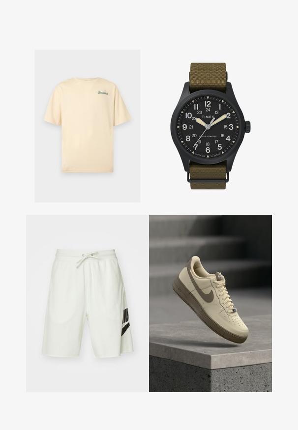 Beige T-shirt met korte mouwen met kleine groene tekst "Holy GUACAMOLE" op de bovenste linkerborst.; Lichtgrijze katoenen shorts met een elastische tailleband, een verstelbaar trekkoord en een zwart Nike-logo aan de linkerkant.; Beige en bruine Nike Air Force 1 sneaker met veters, zwevend boven een betonnen oppervlak met trappen op de achtergrond.; Timex-zonne-energie horloge met een zwarte wijzerplaat, witte Arabische cijfers en een groene geweven stoffen band, met een zwarte plastic kast.