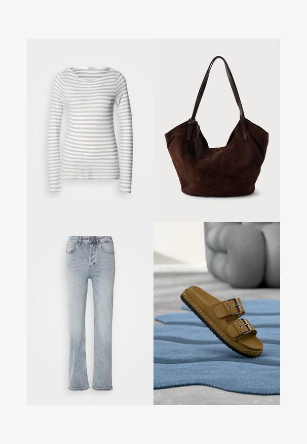 Gestreiftes langärmliges Oberteil aus weichem Stoff, mit abwechselnden hellgrauen und weißen Streifen. Rundhalsausschnitt und taillierte Passform mit langen Ärmeln.; Helle blaue Denim-Jeans mit hoher Taille, geradem Bein-Design und leichtem Schlag am Saum. Mit gestickten Akzenten und einem Reißverschluss.; Braune Sandale aus Wildleder mit zwei silbernen Schnallen und genietetem Sohlenbereich, platziert auf einem strukturierten blauen Teppich auf einem Betonboden.; Braune Wildleder-Handtasche mit einer weichen, lässigen Form. Verfügt über Ledergriffe und einen Etikettenakzent. Schlichte Textur mit geschwungenen Nähten.