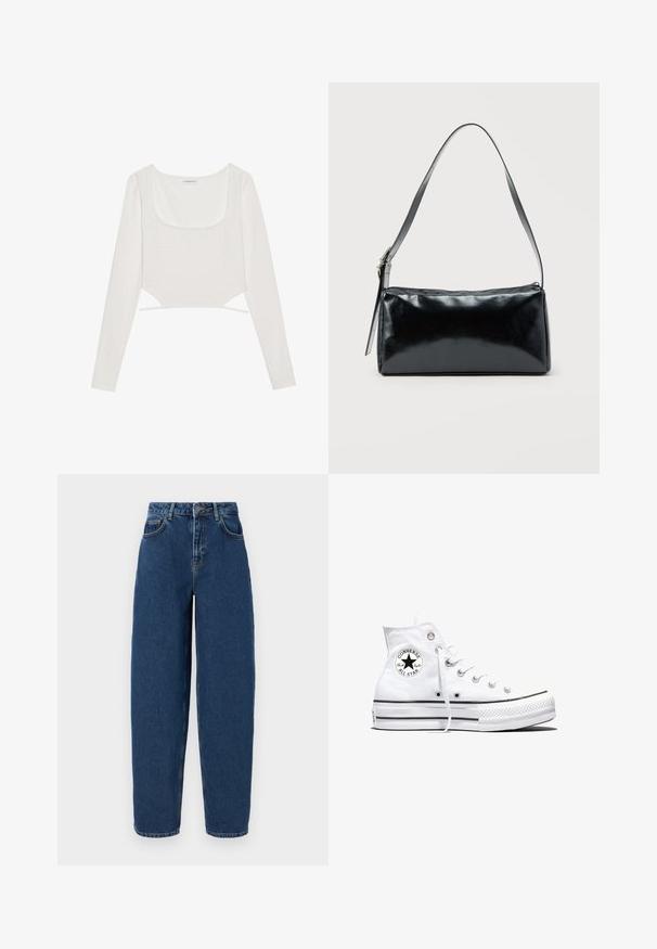 Witte lange mouwen crop top gemaakt van een textuurstof met een vierkante halslijn en zijstrikjes, met subtiele patroon details.; Donkerblauwe denim jeans met een hoge taille, wijde pijpen, vijfzakken ontwerp en contrasterende stikseldetails. Klassieke rits en knoopsluiting.; Witte hoge Converse Chuck Taylor All Star sneaker met zwart logopatch en witte veters, weergegeven op een witte achtergrond.; Zwarte rechthoekige schoudertas met een enkele verstelbare band en een bovenste ritssluiting op een effen achtergrond.