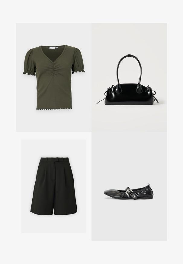 Olijfgroene, geribbelde top met een V-hals, korte pofmouwen en gekreukelde details op de borst. Versleten zoom en mouwranden.; Vero Moda Tall VMBECCA BERMUDA - Shorts - black; Zwarte leren platte schoen met een spitse neus, geplooide details rond de opening en een zilveren gespaccentueerde verstelbare band.; Kleine zwarte glanzende handtas met twee lange hengsels en zijkant trekkoord details op een effen lichte achtergrond.