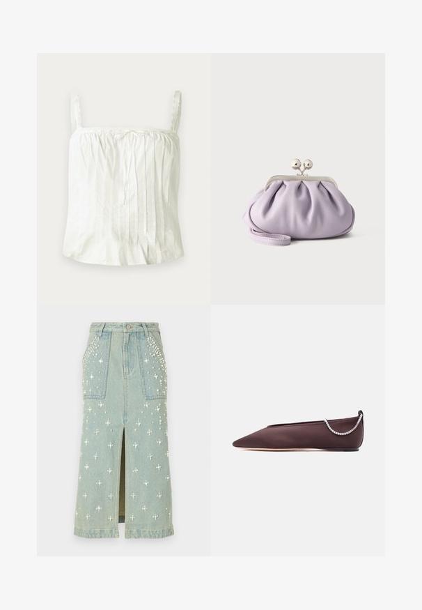 Witte mouwloze top met dunne bandjes, met geplooide textuur en kantaccenten langs de halslijn. Lichte katoenen stof.; Lichte blauwe denimrok met parelversieringen. Voorzien van een split aan de voorkant en twee grote voorzakken. Middellange stijl met een klassieke snit.; Donkerbruine platte schoen met puntige neus, lage hak en een zilveren rijglin met strassteentjes aan de achterkant.; Zachte lavendelkleurige clutch met geplooide stof, zilveren kiss-lock sluiting en bijpassend polsbandje op een effen lichte achtergrond.