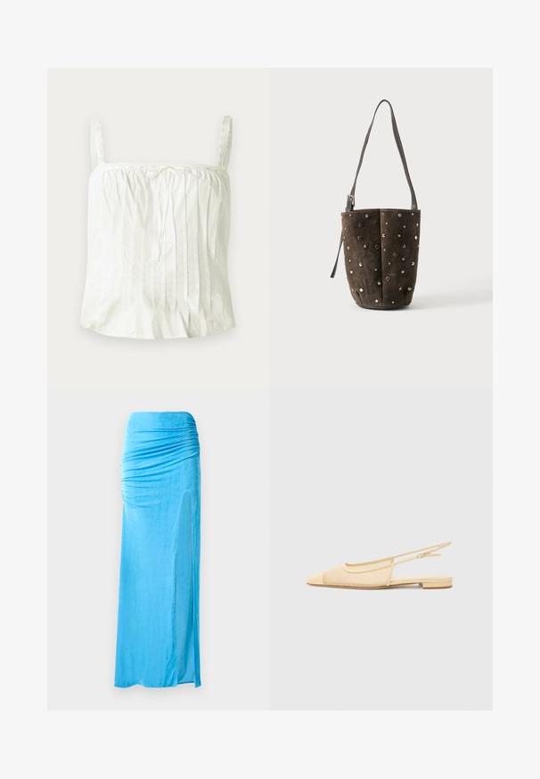 Hvid ærmeløs top med tynde stropper, prydet med plisseret struktur og blondekanter langs halsudskæringen. Letvægts bomuldsstof.; Blå velour maxi meget med sammensyninger ved taljen, med en sideslids og glat tekstur for en flydende silhuet.; Slingback fladsko i lys beige med en mesh-overdel, spids tå og en lav hæl. Har en justerbar strop for bedre pasform.; Brun ruskindskurvetaske med sølv- og guldfarvede nitter i form af stjerner, cirkler og diamanter, med en lang justerbar skulderrem.