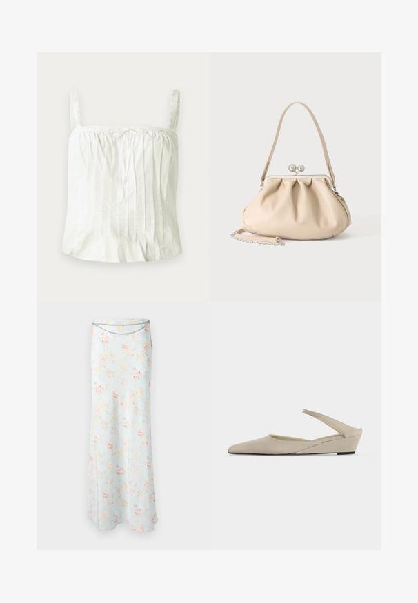 Weißes ärmelloses Oberteil mit dünnen Trägern, ausgestattet mit plissierter Textur und Spitzenakzenten am Ausschnitt. Leichter Baumwollstoff.; Rabanne Maxirock - pink/blue/green/yellow; Beiger Slingback-Schuh mit niedrigem Keilabsatz, spitzer Zehenpartie und glatter matter Oberfläche, in Seitenansicht vor weißem Hintergrund dargestellt.; Beige weiche Lederhandtasche mit silbernem Metallrahmenverschluss, einem Schulterriemen und einem optionalen Kettenriemen auf weißem Hintergrund.