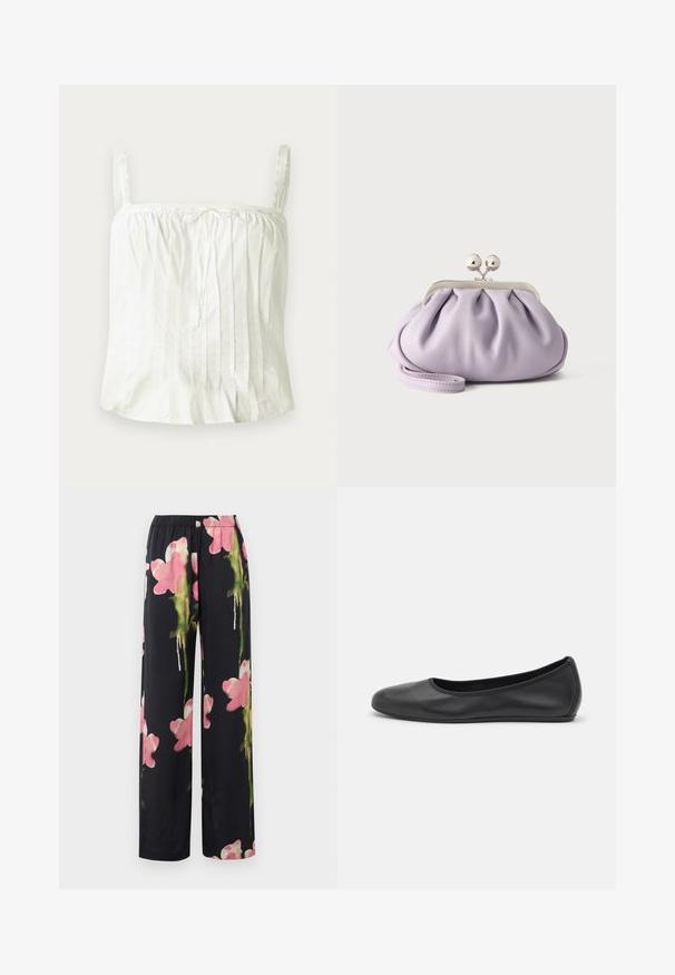 Top blanco sin mangas con tirantes finos, que presenta una textura plisada y acentos de encaje a lo largo del escote. Tela de algodón ligera.; Pantalones de pierna ancha florales con un fondo negro, que presentan flores en estilo acuarela en tonos rosa y verde. Tela suave con cintura elástica.; Bailarina de piel negra con punta redondeada, textura suave, detalle de costura minimalista y diseño de suela flexible.; Bolso de mano suave de lavanda con tela recogida, cierre de beso plateado y correa de muñeca a juego sobre un fondo liso y claro.