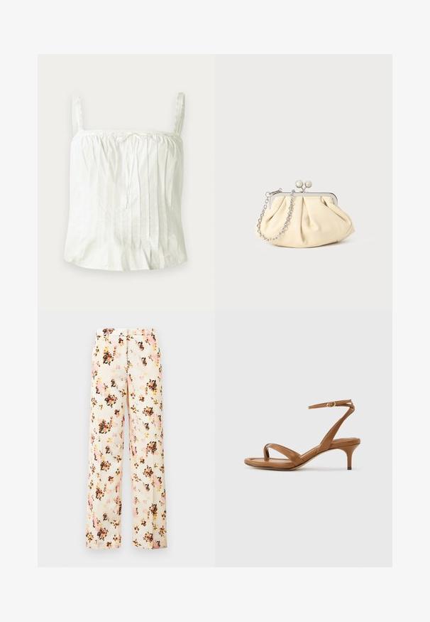 Haut blanc sans manches avec bretelles fines, présentant une texture plissée et des accents en dentelle le long de l'encolure. Tissu en coton léger.; Pantalons larges à fleurs en crème, avec un mélange de fleurs roses, orange et noires. Tissu lisse avec une coupe décontractée et sans poches extérieures.; Sandale en cuir marron avec lanières, talon bas en forme de petit escarpin et bride à la cheville avec une petite boucle, vue de côté sur un fond uni.; Pochette en cuir beige plissé avec un cadre en métal argenté, dotée de deux fermoirs ronds décoratifs et d'une chaîne en argent.