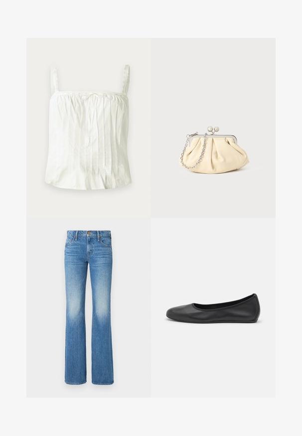 Hvid ærmeløs top med tynde stropper, prydet med plisseret struktur og blondekanter langs halsudskæringen. Letvægts bomuldsstof.; Lysblå fritidsbukser lavet af denim med et falmet design, fem-lomme stil og en knap- og lynlåslukning foran.; Sort læderballetsko med rund tå, glat tekstur, minimal syning og et fleksibelt såldesign.; Plisseret beige læderclutch med en sølvmetalramme, der har to runde dekorative låse og en sølvkædetrasporte.