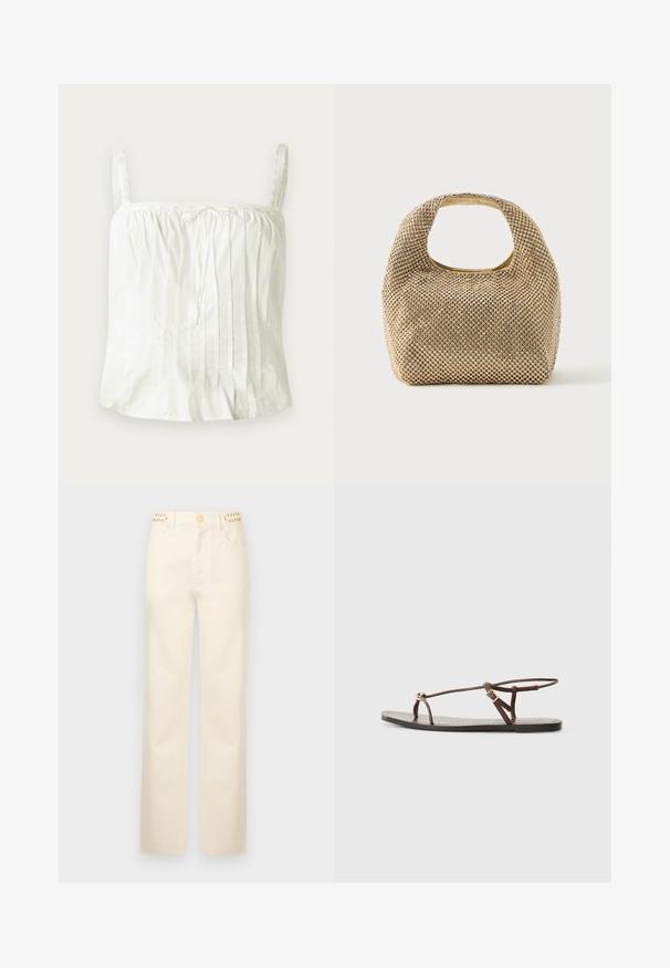 Top blanco sin mangas con tirantes finos, que presenta una textura plisada y acentos de encaje a lo largo del escote. Tela de algodón ligera.; Rabanne Vaqueros rectos - off white denim; Sandalia de cuero marrón con tiras finas, un acento circular dorado y suela plana. Diseño minimalista con un detalle de hebilla ajustable.; Bolso pequeño de tono dorado cubierto de tachuelas redondas brillantes con un asa corta y un recorte rectangular en la parte superior.