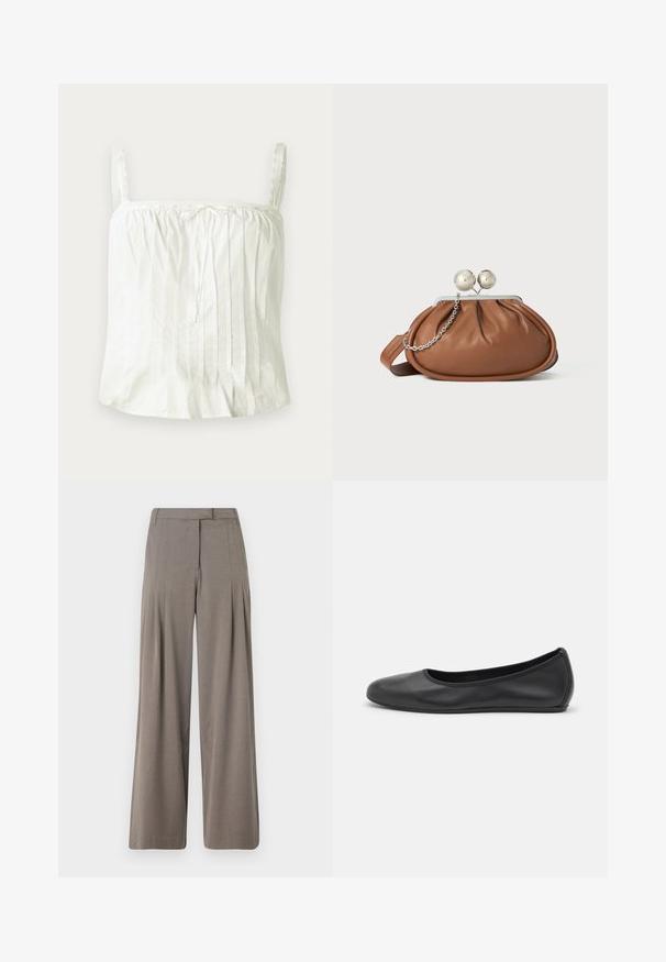 Haut blanc sans manches avec bretelles fines, présentant une texture plissée et des accents en dentelle le long de l'encolure. Tissu en coton léger.; Pantalons à jambe large en tissu marron clair, dotés de plis, d'un devant plat et d'un ourlet net. Texture lisse avec un léger éclat.; Ballerines en cuir noir avec un bout rond, texture lisse, détails de couture minimalistes et design de semelle flexible.; Pochette en cuir marron avec un fermoir à boule en argent et un petit détail en chaîne argentée sur fond blanc.
