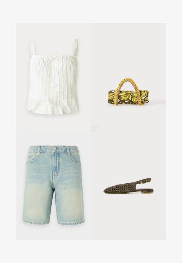 Weißes ärmelloses Oberteil mit dünnen Trägern, ausgestattet mit plissierter Textur und Spitzenakzenten am Ausschnitt. Leichter Baumwollstoff.; Hellblaue Denim-Shorts mit einem verblassten Finish, ausgestattet mit einem Fünf-Taschen-Design, sichtbaren Nähten und einem Metallknopfverschluss am Bund.; Flacher olivgrüner gewebter Slingback-Schuh mit kleinem quadratischem Absatz und verstellbarem goldfarbenem Schnallenriemen.; Rechteckige Tasche mit gelbem und schwarzem Blumenmuster und geflochtenem gelb-pinkem Griff auf weißem Hintergrund.