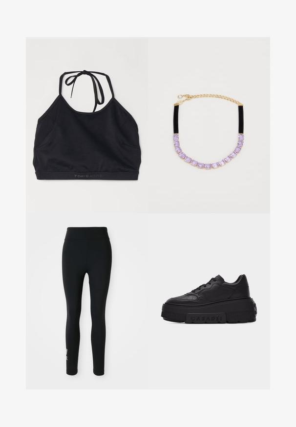 Sort atletisk crop top lavet af strækbart stof. Har et bindebånd bagpå, en rund halsudskæring og et diskret logo langs kanten.; Sorte leggings lavet af strækbart stof, med en høj talje og et lille trykt logo på det ene ben. Glat tekstur, tætsiddende design.; Sort læderplatformsneaker med tyk sål, snørelukning foran og præget "CASADEI"-branding på sidens sål.; Guldfarvet halskæde med rektangulære lavendelsten, stofdetaljer i sort og en struktureret kæde med justerbar længde.