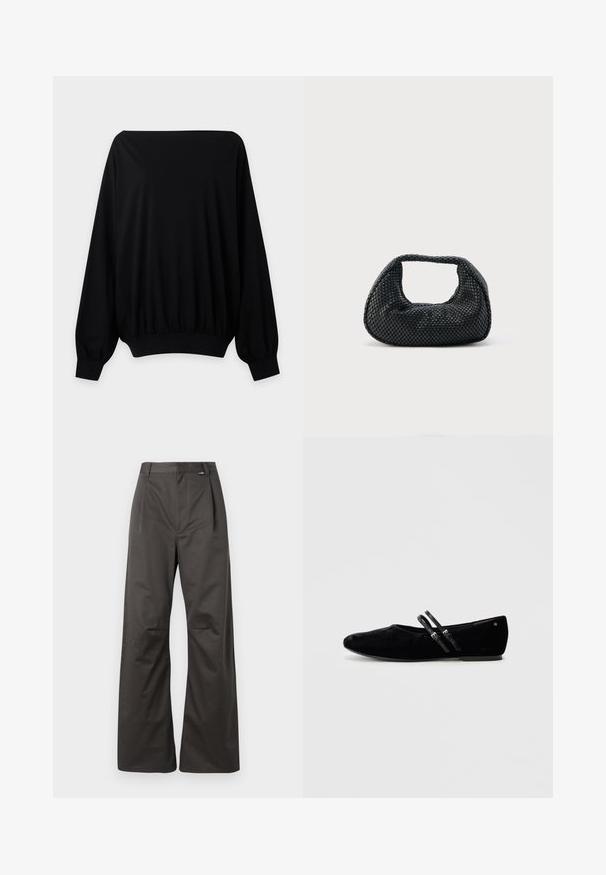 Black long-sleeve off-the-shoulder top with elasticized cuffs and hem, displayed on a plain light gray background.; Wide-leg trousers in dark gray cotton blend, featuring front pleats, a mid-rise waist, and a subtle brand label on the waistband.; Black suede flat shoe with a pointed toe, featuring two adjustable straps across the instep and a low, flat sole.; Black woven hobo bag with a soft structure and integrated handle, displayed on a plain light background.