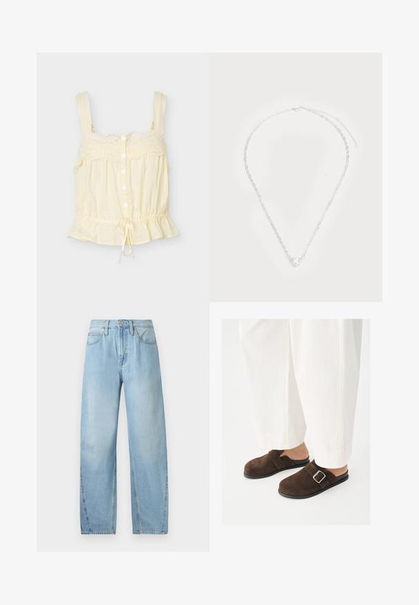 Kremfarvet ærmeløs bluse med blondekant, knapper foran, justerbare stropper og en snøre der samler kanten med flæsedetalje.; Lys blå denim jeans med lige ben-design, fem lommer og lynlås. Har synlige sømme og metalhardware-detaljer.; Person iført hvide bukser og mørkebrune ruskind slip-on sko med en sølvspænde, stående på en ensfarvet hvid overflade.; Sølvkæde med en hjerteformet klar ædelsten i midten, med ovale led og en sikker love clasp.