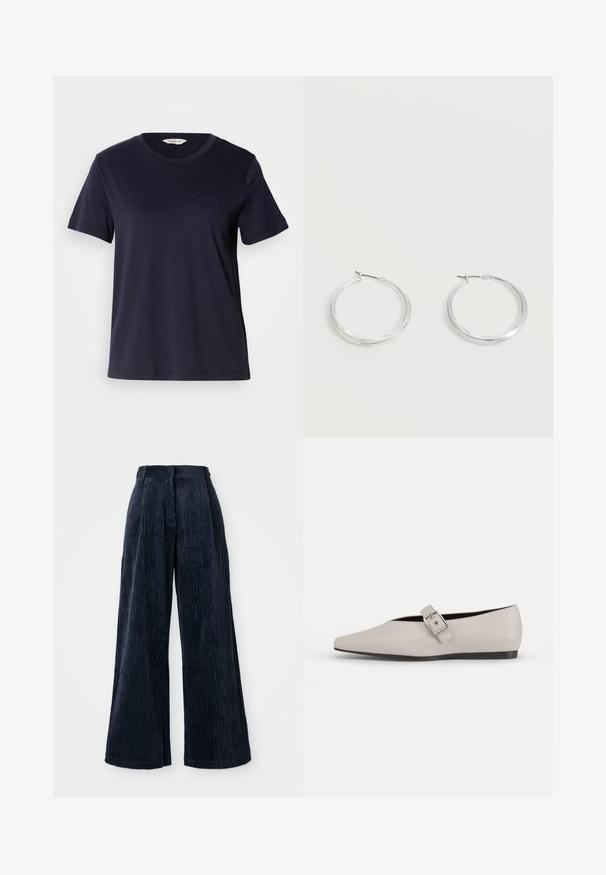 Camiseta de algodón azul marino con cuello redondo, mangas cortas y un sutil diseño bordado en el pecho. Textura suave, corte casual.; Pantalones de pana de pierna ancha en azul marino oscuro. Presentan una textura de ribetes verticales y una cinturilla alta, ofreciendo un ajuste estructurado y holgado.; Zapato plano de cuero beige con punta afilada, un detalle de hebilla lateral y suela negra baja. Textura suave y diseño minimalista.; Pendientes de aro de metal plateado con superficie lisa y ligeramente curvada y cierre de tipo mosquetón sobre un fondo blanco liso.