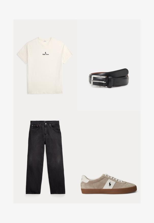 Camiseta de manga corta color crema con el logo de Ralph Lauren y texto centrado en el pecho, colocada plana sobre un fondo claro.; Vaqueros negros de corte recto con cinco bolsillos, cierre de botón y remaches metálicos visibles en los bolsillos delanteros.; Zapatilla beige de ante con corte bajo, cordones blancos, detalle de piel blanca con logo de caballo negro y suela de goma marrón.; Cinturón de cuero negro con hebilla de doble lengüeta plateada, textura suave y detalle en relieve con "POLO" en el pasador. Longitud ajustable.