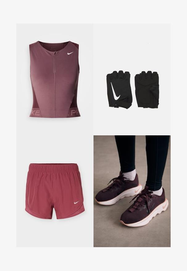 Nike Pro ærmeløs top i mørk bordeaux med lynlås foran, teksturerede sidepaneler og et logo på brystet. Glat stof, atletisk pasform.; Vinrøde Nike løbeshorts med elastisk linning og hvid Nike swoosh-logo på højre ben mod en ensfarvet baggrund.; Mørkerøde sportssko med en tekstureret strikoverdel, hvid sål og sort Nike-logo. Har runde snørebånd og mønstrede snørehuller.; Sorte fingerløse træningshandsker lavet af åndbart stof, med et hvidt Nike-logo, polstrede håndflader og et åbent håndledsdesign for fleksibilitet.