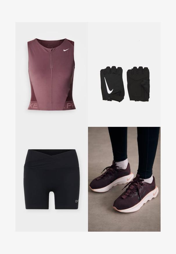 Nike Pro ærmeløs top i mørk bordeaux med lynlås foran, teksturerede sidepaneler og et logo på brystet. Glat stof, atletisk pasform.; Sorte atletikshorts med et krydsbånd i taljen og lille hvid Nike swoosh-logo på venstre ben mod en ensfarvet baggrund.; Mørkerøde sportssko med en tekstureret strikoverdel, hvid sål og sort Nike-logo. Har runde snørebånd og mønstrede snørehuller.; Sorte fingerløse træningshandsker lavet af åndbart stof, med et hvidt Nike-logo, polstrede håndflader og et åbent håndledsdesign for fleksibilitet.