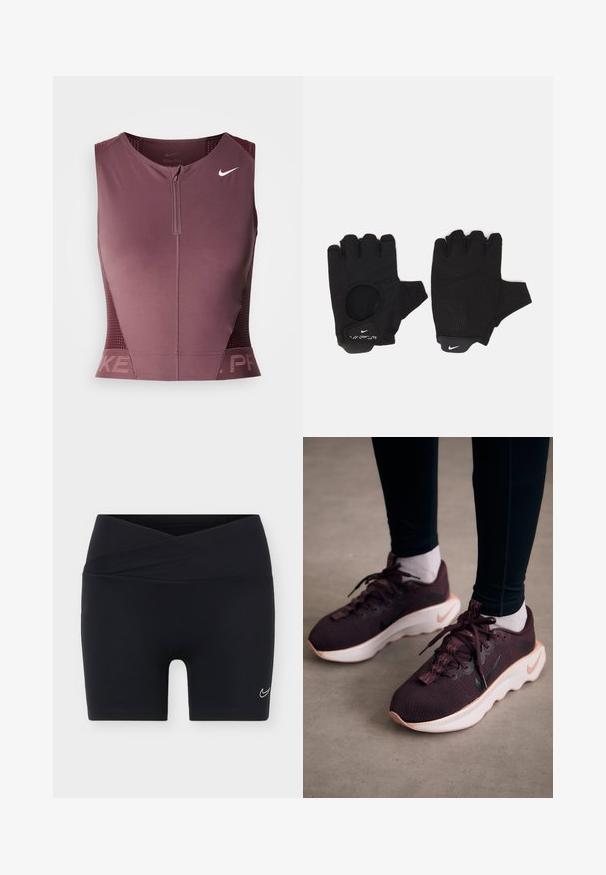 Nike Pro ærmeløs top i mørk bordeaux med lynlås foran, teksturerede sidepaneler og et logo på brystet. Glat stof, atletisk pasform.; Sorte atletikshorts med et krydsbånd i taljen og lille hvid Nike swoosh-logo på venstre ben mod en ensfarvet baggrund.; Mørkerøde sportssko med en tekstureret strikoverdel, hvid sål og sort Nike-logo. Har runde snørebånd og mønstrede snørehuller.; Sorte fingerløse handsker med et tekstureret design. Lavet af et åndbart materiale, med en tommelfingeråbning og forstærket håndflade for bedre greb.