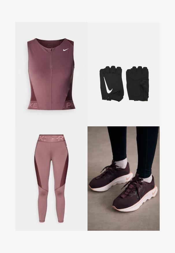 Nike Pro ærmeløs top i mørk bordeaux med lynlås foran, teksturerede sidepaneler og et logo på brystet. Glat stof, atletisk pasform.; Lyserøde trænings leggings med høj talje, der har "NIKE PRO" i skinnende bogstaver. Sidepanelerne har et struktureret mesh-design.; Mørkerøde sportssko med en tekstureret strikoverdel, hvid sål og sort Nike-logo. Har runde snørebånd og mønstrede snørehuller.; Sorte fingerløse træningshandsker lavet af åndbart stof, med et hvidt Nike-logo, polstrede håndflader og et åbent håndledsdesign for fleksibilitet.