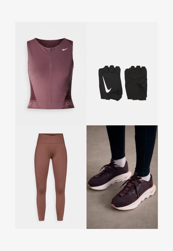 Nike Pro ærmeløs top i mørk bordeaux med lynlås foran, teksturerede sidepaneler og et logo på brystet. Glat stof, atletisk pasform.; Brune højtaljede leggings med en glat, strækbar tekstur. Har en korset talje og ingen synlige sømme. Velegnet til aktivt tøj.; Mørkerøde sportssko med en tekstureret strikoverdel, hvid sål og sort Nike-logo. Har runde snørebånd og mønstrede snørehuller.; Sorte fingerløse træningshandsker lavet af åndbart stof, med et hvidt Nike-logo, polstrede håndflader og et åbent håndledsdesign for fleksibilitet.