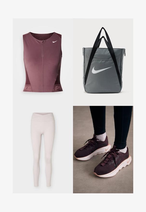 Nike Pro varrukateta topp tumedas burgundia värvitoonis, ees lukuga, tekstuuriga külgpaneelidega ja rinnal logoga. Sile kangas, sportlik lõige.; Heledat beežid kõrge vöökohaga õmblusteta retuusid, millel on ristuv vöökohatükk, näidatud valgel taustal laiali.; Tumesinis spordijalatsid tekstuurse kudumülemise, valge tallaga ja musta Nike logoga. Omavad ümarad paelad ja mustrilisi paelaauke.; Hall värvi Nike õlakott mustade sangade ja valge Nike logoga ees, esitatud valgel taustal.