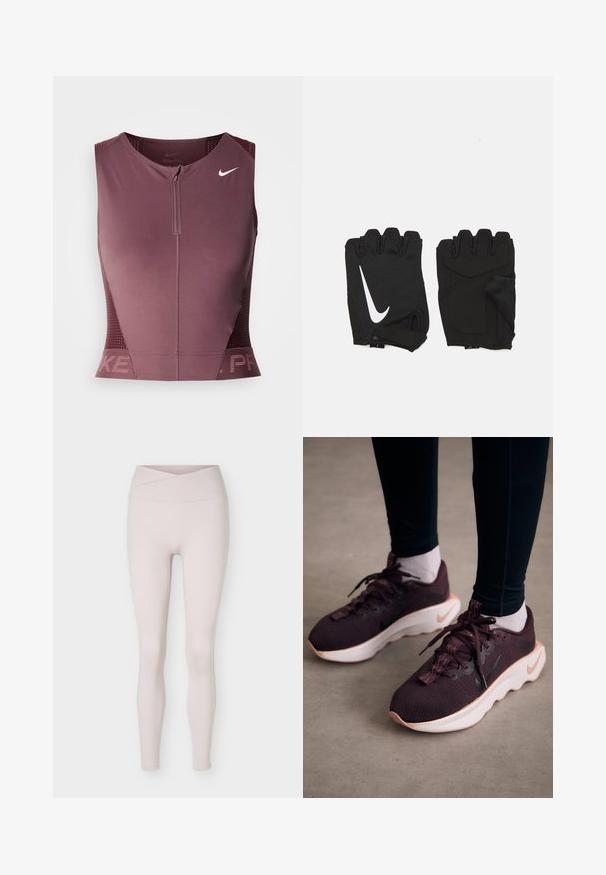 Nike Pro mouwloos topje in donker bordeauxrood met een ritssluiting aan de voorkant, gestructureerde zijpanelen en een logo op de borst. Gladde stof, atletische pasvorm.; Lichtbeige naadloze leggings met hoge taille en een overslagceintuur detail, plat liggend afgebeeld tegen een witte achtergrond.; Bordeauxrode sportschoenen met een gewoven bovenwerk, witte zool en zwart Nike-logo. Voorzien van ronde veters en patroonvormige veterlussen.; Zwarte vingerloze fitnesshandschoenen van ademend materiaal, met een wit Nike-logo, gevoerde handpalmen en een open polsontwerp voor flexibiliteit.
