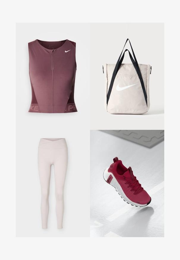 Αμάνικη μπλούζα Nike Pro σε σκούρο μπορντό χρώμα με εμπρόσθιο φερμουάρ, υφασμάτινες πλευρικές λεπτομέρειες και λογότυπο στο στήθος. Λείο ύφασμα, αθλητική εφαρμογή.; Ανοιχτό μπεζ seamless κολάν με ψηλή μέση και λεπτομέρεια ζώνης που διασταυρώνεται, εμφανίζεται επίπεδο σε λευκό φόντο.; Κόκκινο αθλητικό παπούτσι με υφή στην πάνω πλευρά, κορδόνια και χοντρή λευκή σόλα. Διαθέτει αντίθετο μαύρο τμήμα στη μύτη και λογότυπο στο πλάι.; Μπεζ τσάντα tote της Nike με μεγάλο λευκό λογότυπο Swoosh και μακριά μαύρα λουριά ώμου, μπροστινή τσέπη με φερμουάρ, όρθια σε απλό φόντο.