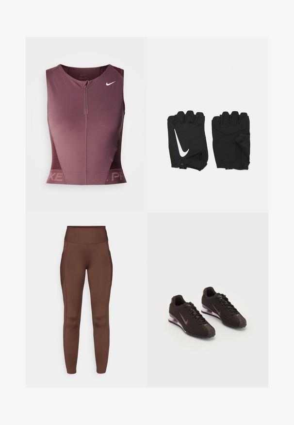 Haut sans manches Nike Pro en bordeaux foncé avec une fermeture éclair à l'avant, des panneaux latéraux texturés et un logo sur la poitrine. Tissu lisse, coupe athlétique.; Leggings marron extensibles avec une taille haute, dotés de poches latérales et d'une texture lisse. Les coutures soulignent la forme.; Baskets de sport noires avec une tige texturée, des accents marron et une semelle à coussin d'air violette. Design à lacets avec une marque bien visible.; Gants de gym sans doigts noirs en tissu respirant, avec un logo blanc Nike, des paumes rembourrées et un design ouvert au niveau du poignet pour plus de flexibilité.