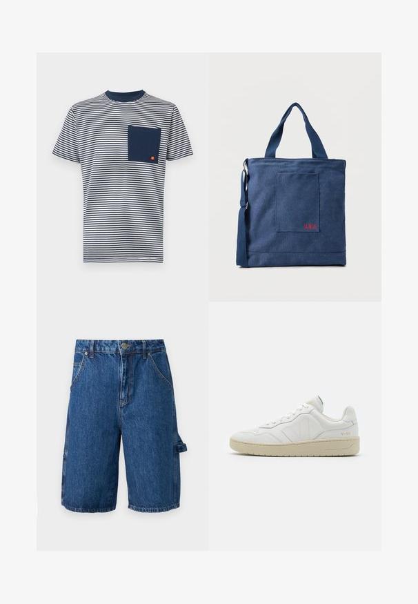 Ellesse HIRST TEE - T-shirt imprimé - navy; Shorts en denim d'une couleur bleu moyen, dotés d'une taille haute, de deux poches avant et d'une poche latérale avec une sangle. Texture lisse, design décontracté.; Baskets en cuir blanc avec une finition texturée et un col rembourré. Elles sont dotées d'une semelle en caoutchouc beige et d'une discrète branding sur le talon et le côté.; Sac fourre-tout en toile bleue avec poche frontale et broderie rouge "O.N.S", doté de doubles poignées et d'une bandoulière réglable.