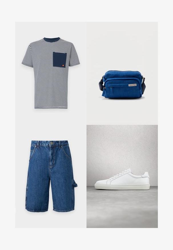 Ellesse HIRST TEE - T-shirt imprimé - navy; Shorts en denim d'une couleur bleu moyen, dotés d'une taille haute, de deux poches avant et d'une poche latérale avec une sangle. Texture lisse, design décontracté.; Sneaker blanche avec une tige en cuir lisse et un profil bas. Présente un bout arrondi, six œillets et une semelle en caoutchouc texturé.; Sac bandoulière en tissu bleu à surface texturée, doté de plusieurs poches zippées et d'une sangle d'épaule. Logo Calvin Klein à l'avant.