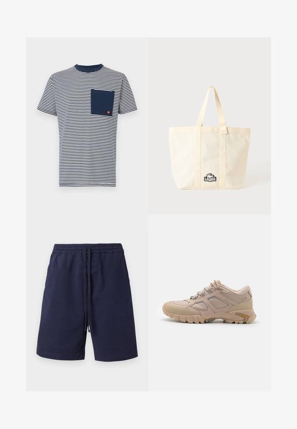 Ellesse HIRST TEE - T-shirts print - navy; Marineblå shorts lavet af bomuld, med elastisk talje og snor, sidelommer og lige bendesign. Ingen mønstre.; Beige sportsko med en tekstureret mesh-overdel, syntetisk overlay og en Vibram-sål. Har snøresystem og detaljer på sidepanelet.; Beige Lacoste tote taske med to håndtag og en sort-hvid krokodille logo lap foran i midten.