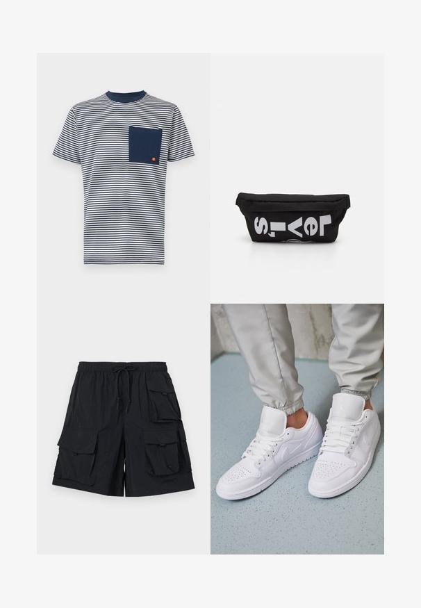 Ellesse HIRST TEE - Trükipildiga T-särk - navy; Mustad musta värvi cargo lühikesed püksid, mis on valmistatud kergest kangast. Need sisaldavad mitmeid suuri taskuid, elastset vöökohta ja nööriga, ning silmapaistva sileda tekstuuri.; Valged nahast tossud sisaldavad perforatsiooni varvaste osas, lame nöörid, pehmendatud kaelus ja Jordani logo keelega. Kanda hallide spordipükstega.; Must musta kott, millel on lame kuju, ja millel on julge valge tekst. Ülemine osa sulgub tõmblukuga ning ühel küljel on silmusdetail.