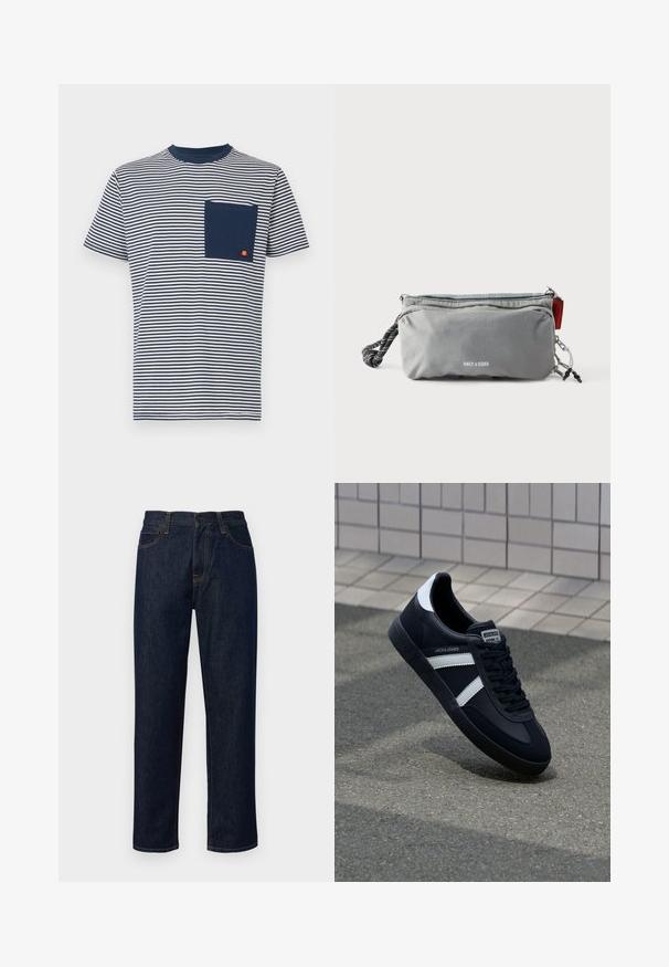 Ellesse HIRST TEE - T-shirt print - navy; Donkerblauwe spijkerbroek van denim, met rechte pijpen, een medium hoge taille, oranje stiksels en een klassiek vijf-pocket ontwerp.; Zwarte leren sneaker met witte strepen, een gestructureerde rubberen zool en vetersluiting aan de voorkant. Voorzien van een merklabel op de tong.; Grijze rechthoekige pouch met ritsen, zwart-wit touwhandvat aan één kant, en de tekst "ONLY & SONS" op de voorkant in het midden.