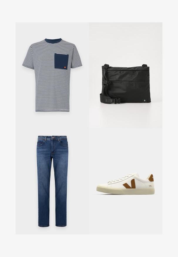 Ellesse HIRST TEE - Trükipildiga T-särk - navy; Tumedasinine teksased, millel on sirge lõige, viis taskut ja kontrastne õmblus. Lõpetatud nupu ja tõmbluku kinnitusega.; Valge nahast spordijalats, millel on pruunist sametist V logo, ümmargune varvas, lapik lipsukujundus ja tekstureeritud tald haardeks.; Mustast nailonist kullerikott reguleeritava rihmaga, lame disain ja külgedel asuv logo sildiga. Sile tekstuur ja minimalistlik stiil.
