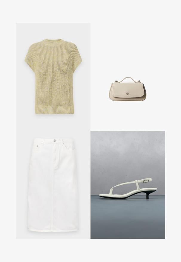 Strikket kortærmet top i lys gul med subtile grå fnug. Har en ribbet rund halsudskæring og tekstureret stof med en løs pasform.; Hvid denimnederdel med lynlås foran, fem lomme-design og lige silhuet med stikninger.; Hvid sandal med stropper og kitten-hæl med spids tå, svævende over et trægulv udendørs med en sløret plante og væg i baggrunden.; Lille beige læderhåndtaske med top håndtag og sølv CK-logo på frontklap, vist mod en hvid baggrund.