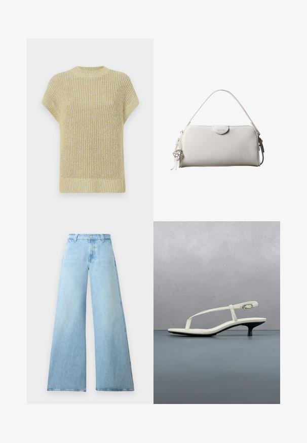 Top de punto de manga corta en amarillo claro con sutiles motas grises. Presenta un cuello redondo acanalado y una tela texturada con un ajuste holgado.; Jeans de pierna ancha de un azul claro, hechos de denim, con una cintura alta, que presentan un cierre de botón y cinco bolsillos. Textura suave con una silueta casual.; Sandalia blanca de tacón kitten con tiras y punta afilada, flotando sobre un suelo de baldosas de madera al aire libre, con un fondo desenfocado de plantas y pared.; Bolso rectangular blanco de Calvin Klein con un solo asa, diseño minimalista y borlas decorativas con un charm metálico geométrico en el lateral.