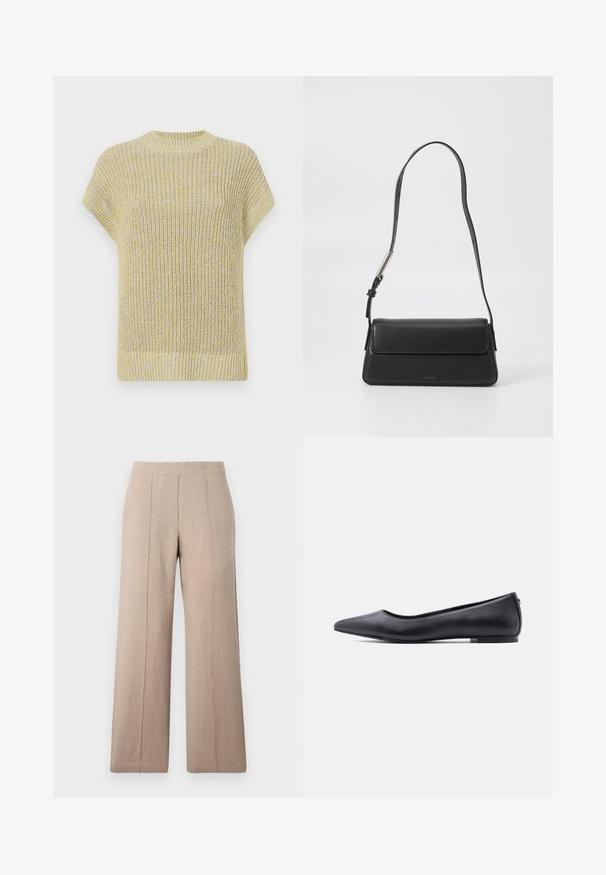 Top de punto de manga corta en amarillo claro con sutiles motas grises. Presenta un cuello redondo acanalado y una tela texturada con un ajuste holgado.; Pantalones de pierna ancha en color beige, confeccionados en tejido ligero, con pliegues frontales, una cinturilla suave y un corte recto con dobladillos limpios.; Zapato plano de cuero negro con punta puntiaguda y tacón bajo, mostrado de perfil contra un fondo blanco.; Bolso de mano de cuero negro con forma rectangular y solapa plegable. Presenta una correa delgada y una marca mínima en la parte delantera.