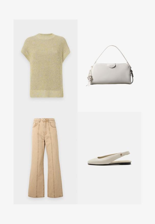 Strikket kortærmet top i lys gul med subtile grå fnug. Har en ribbet rund halsudskæring og tekstureret stof med en løs pasform.; Beige brede ben jeans med høj talje, fem lommer og kontrasterende syninger for ekstra detaljer. Bomuldsstof med en glat tekstur.; Flatsko i cremefarvet læder med rundet tå og lille guldemblem på remmen.; Hvid rektangulær Calvin Klein håndtaske med enkelt håndtag, minimalistisk design og dekorative kvaster med geometrisk metalvedhæng på siden.