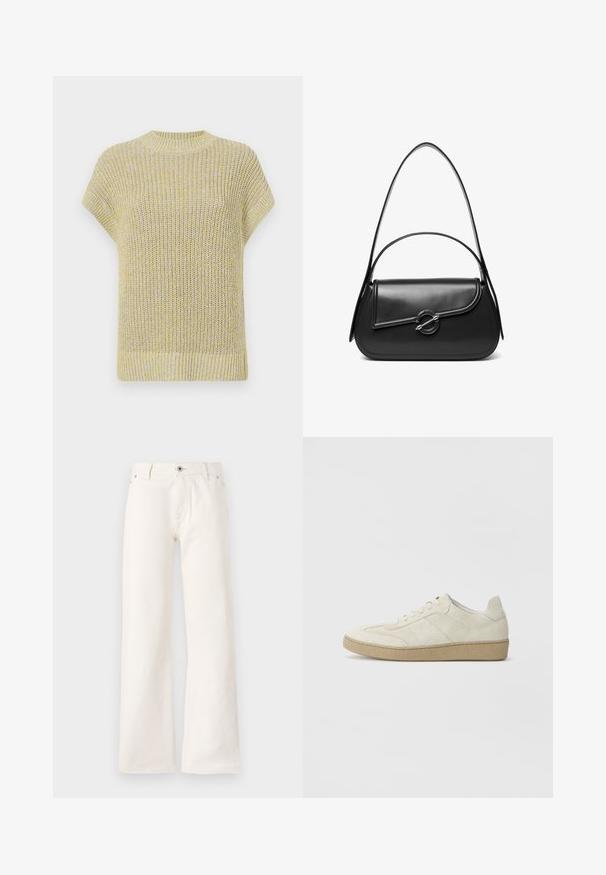 Top de punto de manga corta en amarillo claro con sutiles motas grises. Presenta un cuello redondo acanalado y una tela texturada con un ajuste holgado.; Jeans blancos de pierna ancha fabricados en denim, con cierre frontal de botón, cinco bolsillos y una textura suave sin patrones visibles.; Zapatillas de ante beige con un diseño texturizado, suela plana de goma y costuras laterales distintivas. Punta redonda y detalle de cuello acolchado.; Bolso de hombro de cuero negro con una solapa curva asegurada por un broche metálico redondo y una correa delgada y ajustable.