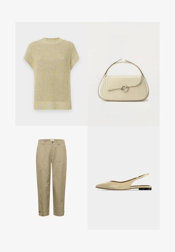 Strikket kortærmet top i lys gul med subtile grå fnug. Har en ribbet rund halsudskæring og tekstureret stof med en løs pasform.; Beige, lette bukser med lige pasform, der har sidelommer og knapdetaljer i kanten for justerbar pasform og stil.; Beige spids tå slingback flad sko med lav sort hæl og en glat læderfinish, vist fra siden på en ensfarvet baggrund.; Cremefarvet læderhåndtaske med buet klap, cirkulært sølvspænde og kort topstrop på en ens hvid baggrund.