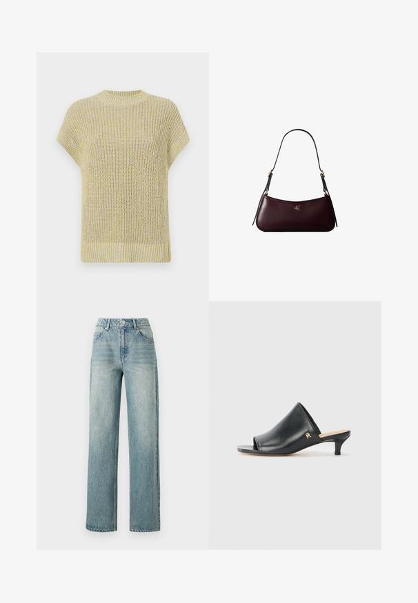 Gebreide top met korte mouwen in lichtgeel met subtiele grijze spikkels. Heeft een ribbelachtige ronde halslijn en een structuurtstof met een losse pasvorm.; Copenhagen Muse JEANNE PANTS - Relaxed fit jeans - medium dirty washed denim; Zwarte leren open teen muiltjes met een lage hak. Heeft een glad oppervlak en een gouden logo accent aan de zijkant.; Donker bordeauxkleurige leren handtas met een smalle zwarte schouderband en klein gouden "cK" logo aan de voorkant in het midden.