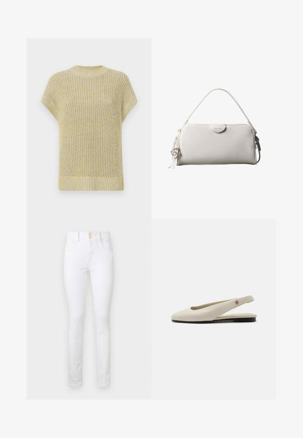 Strikket kortærmet top i lys gul med subtile grå fnug. Har en ribbet rund halsudskæring og tekstureret stof med en løs pasform.; Hvide denim skinny jeans med høj talje, to forlommer og guldbeslag på knapperne. Glat tekstur med et klassisk design med fem lommer.; Flatsko i cremefarvet læder med rundet tå og lille guldemblem på remmen.; Hvid rektangulær Calvin Klein håndtaske med enkelt håndtag, minimalistisk design og dekorative kvaster med geometrisk metalvedhæng på siden.