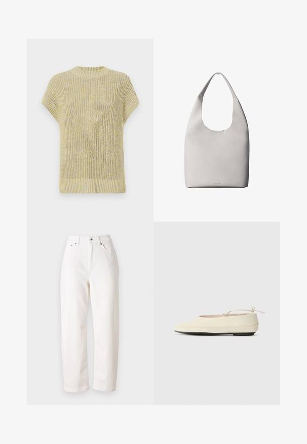 Haut en tricot à manches courtes de couleur jaune clair avec de subtils éclats gris. Doté d'un col rond à côtes et d'un tissu texturé avec une coupe décontractée.; Jean en denim blanc avec une coupe droite, taille haute, fermeture éclair et bouton métallique. Comprend cinq poches et une couture discrète.; Des chaussures plates de couleur crème avec un bout arrondi, une sangle à la cheville et une semelle en caoutchouc noir contrastante. Matériau lisse avec un detailing minimal.; Sac fourre-tout en cuir blanc avec une bandoulière unique, texture douce et logo discret Calvin Klein près du centre en bas.