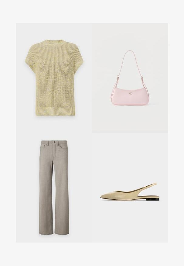 Top de punto de manga corta en amarillo claro con sutiles motas grises. Presenta un cuello redondo acanalado y una tela texturada con un ajuste holgado.; Pantalones de pierna ancha en un gris claro, con una tela texturizada y un acabado suave. Presenta un cierre de botón y un diseño de cinco bolsillos.; Zapato plano beige con puntera puntiaguda, diseño slingback, tacón bajo negro y acabado en cuero liso, mostrado de perfil sobre un fondo liso.; Pequeño bolso de hombro rosa pastel con correa delgada y logo plateado "CK" centrado sobre fondo liso.