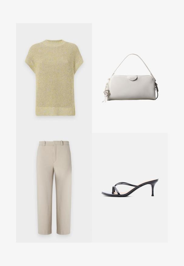 Haut en tricot à manches courtes de couleur jaune clair avec de subtils éclats gris. Doté d'un col rond à côtes et d'un tissu texturé avec une coupe décontractée.; Pantalons beiges coupés, design ajusté, devant plat avec fermeture éclair dissimulée, deux poches latérales, fabriqués en tissu en coton mélangé lisse.; Sandale à talon en cuir verni noir avec fines lanières croisées et talon aiguille moyen et élancé sur fond blanc.; Sac à main rectangulaire blanc Calvin Klein avec une seule poignée, design minimaliste et pampilles décoratives avec un charm métallique géométrique sur le côté.