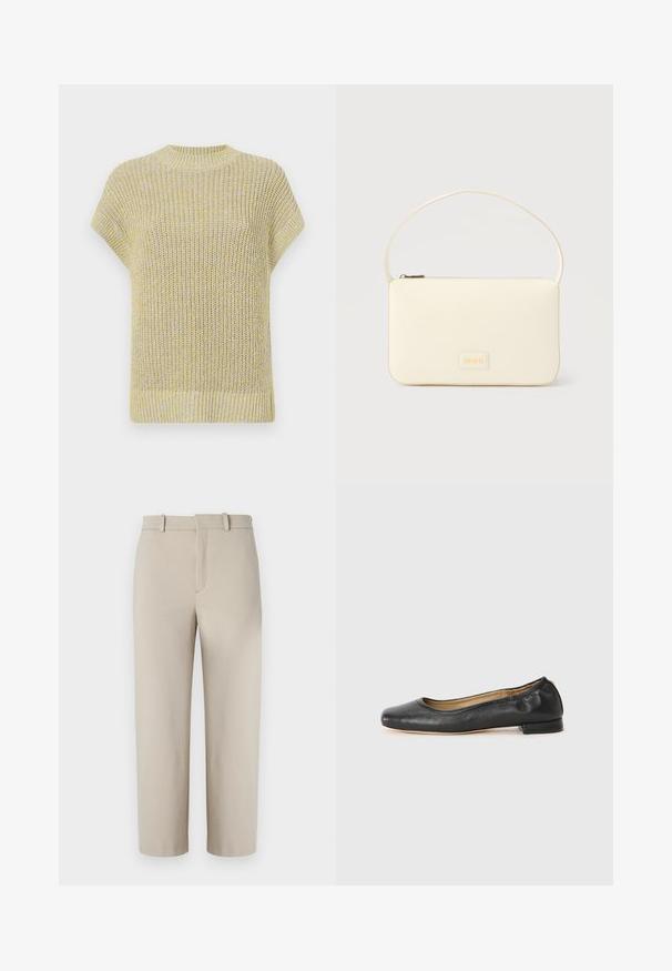 Haut en tricot à manches courtes de couleur jaune clair avec de subtils éclats gris. Doté d'un col rond à côtes et d'un tissu texturé avec une coupe décontractée.; Pantalons beiges coupés, design ajusté, devant plat avec fermeture éclair dissimulée, deux poches latérales, fabriqués en tissu en coton mélangé lisse.; Ballerines en cuir noir avec un bout arrondi et des coutures minimales. Talon bas et rectangulaire avec une texture lisse. Détails subtils de doublure intérieure.; Sac à main rectangulaire de couleur crème avec une seule sangle et une fermeture éclair sur le dessus, comportant une petite plaque de logo embossé à l'avant.