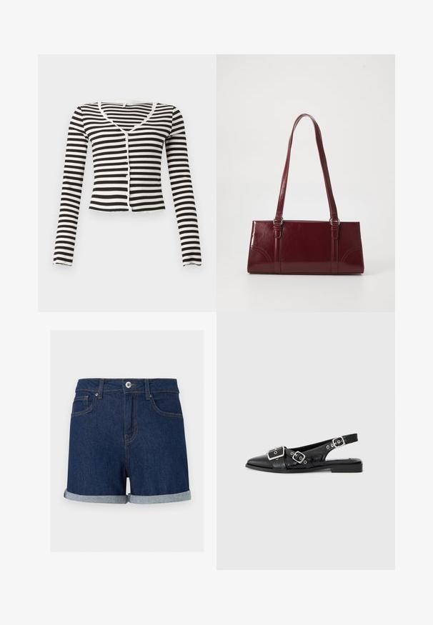 Zwart-wit horizontaal gestreepte cropped cardigan met lange mouwen, V-hals en knopen aan de voorkant op een effen achtergrond.; Donkerblauwe denim shorts met omgeslagen zomen, voorste knoop- en ritssluiting en voorzakken op een effen achtergrond.; Zwart leren slingback schoen met een spitse neus, twee zilveren gespen en een lage blokhak. Bevat een gemêleerde bovenkant en een open achterkant.; Bourgondische handtas van glanzend materiaal, rechthoekige vorm, met twee schouderbanden en subtiele gebogen accenten aan de voorkant.